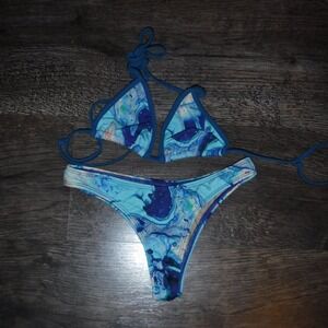 FJ Swim Bikinis‎ Triangle Bikini Set Marble Print Swimsuit Small
